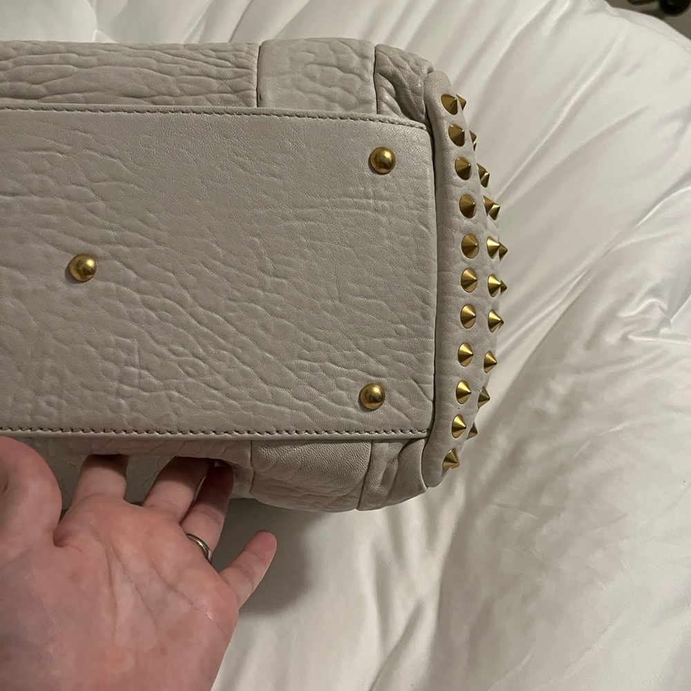 MCM Pebbled Cream Leather Satchel with Gold Stud Accents - Picture 6 of 16